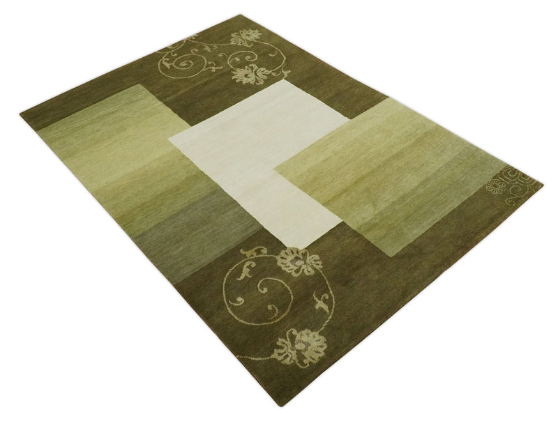 Geometrical Olive and Ivory Floral design Hand knotted 6x8 wool and Art Silk Area Rug - The Rug Decor