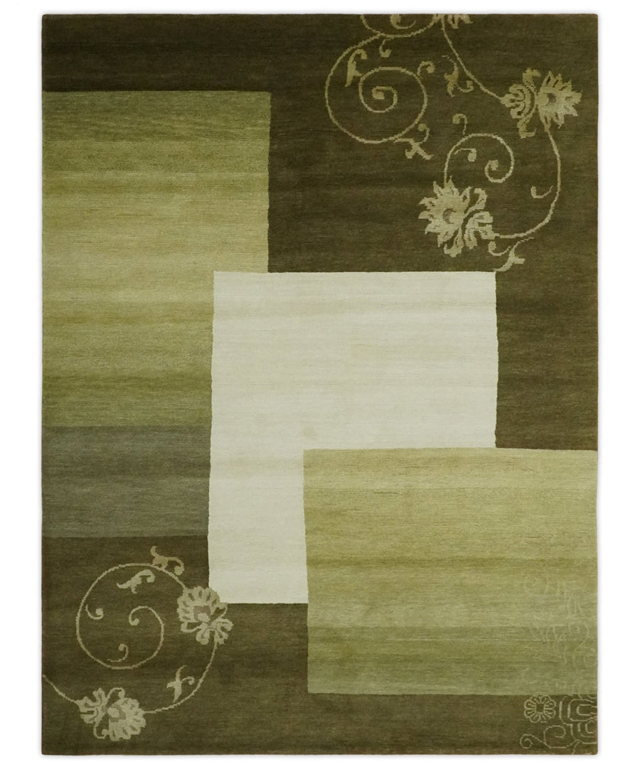 Geometrical Olive and Ivory Floral design Hand knotted 6x8 wool and Art Silk Area Rug - The Rug Decor