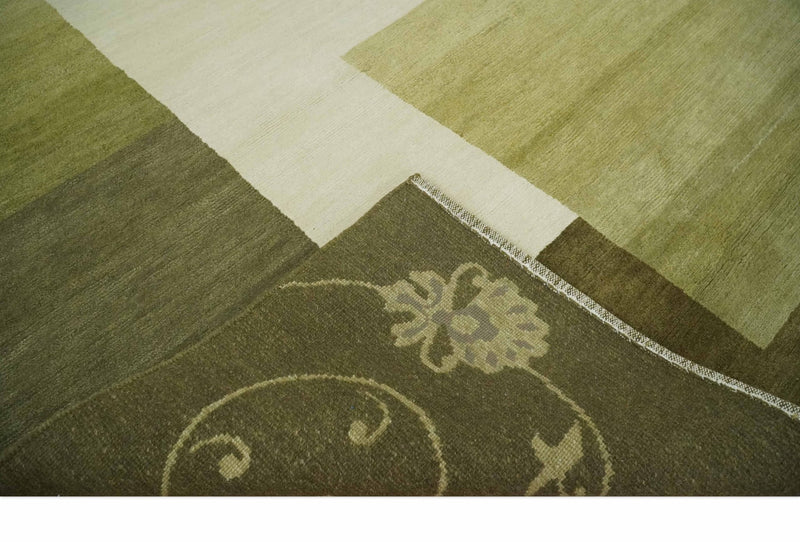 Geometrical Olive and Ivory Floral design Hand knotted 6x8 wool and Art Silk Area Rug - The Rug Decor