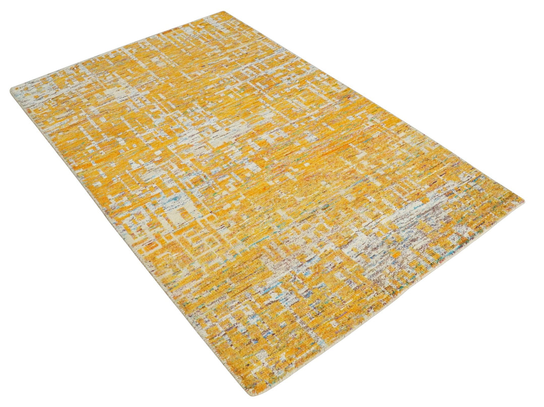 Gold and Ivory Modern Abstract 5x8 Recycled Art Silk Area Rug - The Rug Decor