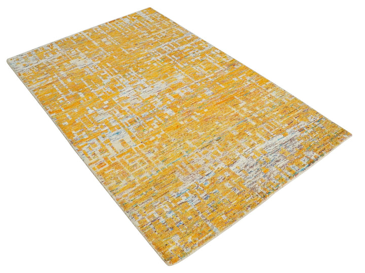 Gold and Ivory Modern Abstract 5x8 Recycled Art Silk Area Rug - The Rug Decor