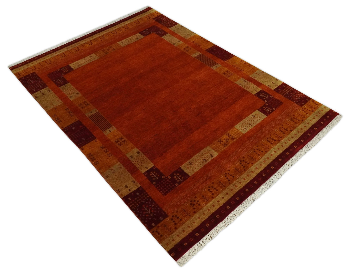 Gold, Maroon and Beige Wool Hand Woven Southwestern Lori Gabbeh Rug| KNT50 - The Rug Decor