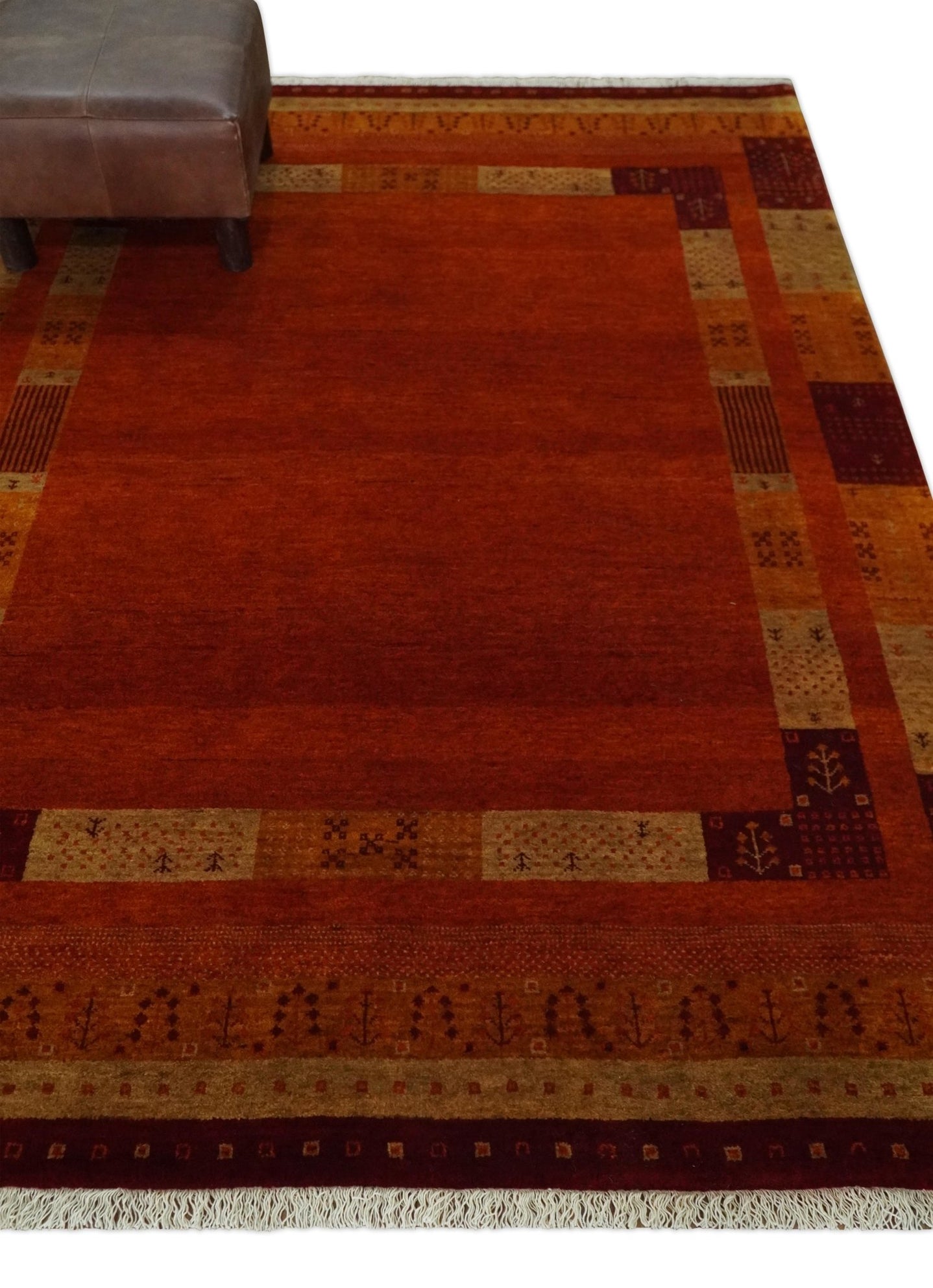 Gold, Maroon and Beige Wool Hand Woven Southwestern Lori Gabbeh Rug| KNT50 - The Rug Decor