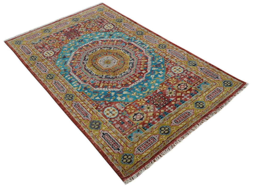 Gold, Rust, Blue Traditional Medallion Hand knotted 6x9 wool Area rug - The Rug Decor