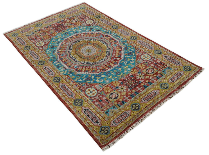 Gold, Rust, Blue Traditional Medallion Hand knotted 6x9 wool Area rug - The Rug Decor