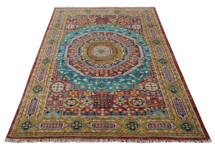 Gold, Rust, Blue Traditional Medallion Hand knotted 6x9 wool Area rug - The Rug Decor