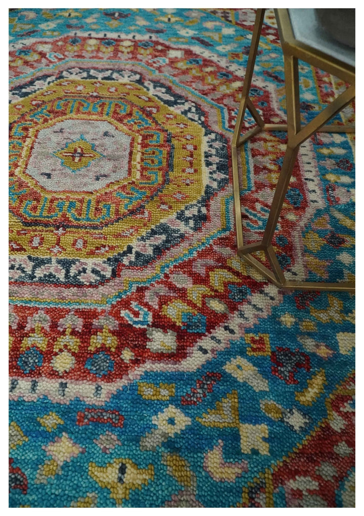 Gold, Rust, Blue Traditional Medallion Hand knotted 6x9 wool Area rug - The Rug Decor