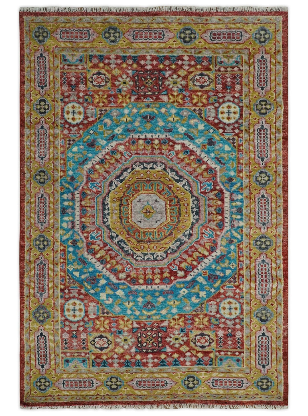 Gold, Rust, Blue Traditional Medallion Hand knotted 6x9 wool Area rug - The Rug Decor
