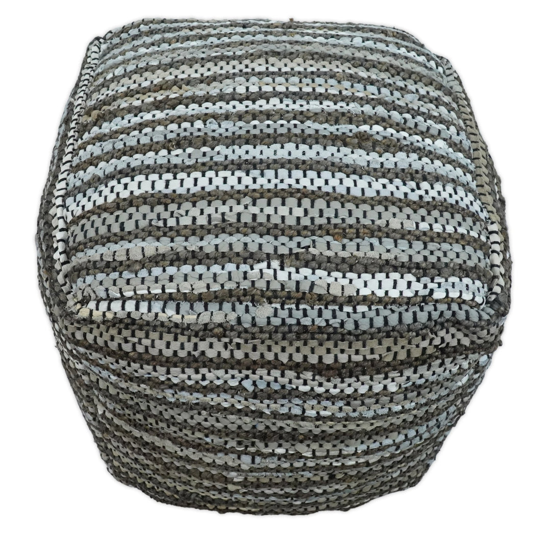 Gray and Brown Handmade Leather & Jute Pouf Ottoman - Footstool, Chair or Footrest | TRD108 - The Rug Decor