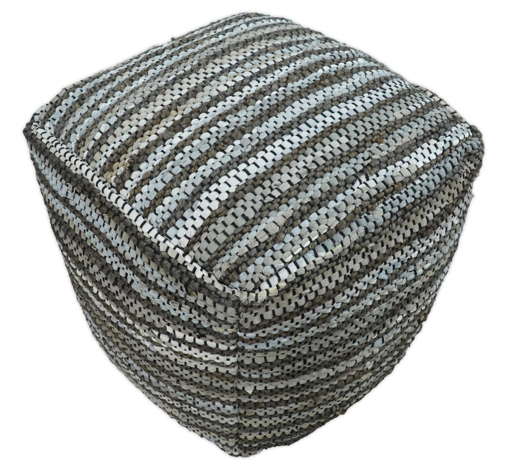 Gray and Brown Handmade Leather & Jute Pouf Ottoman - Footstool, Chair or Footrest | TRD108 - The Rug Decor