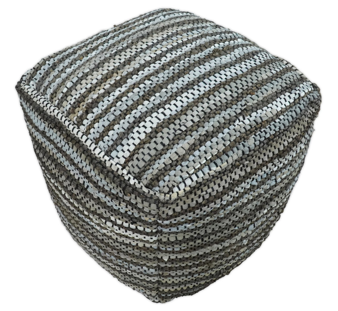 Gray and Brown Handmade Leather & Jute Pouf Ottoman - Footstool, Chair or Footrest | TRD108 - The Rug Decor