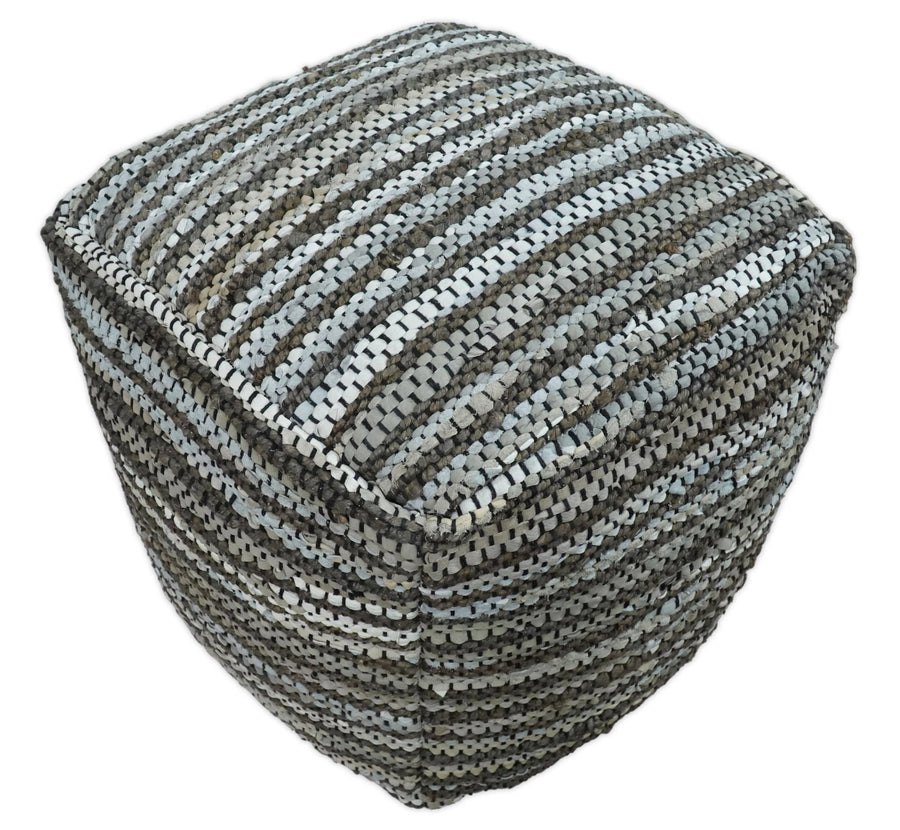 Gray and Brown Handmade Leather & Jute Pouf Ottoman - Footstool, Chair or Footrest | TRD108 - The Rug Decor