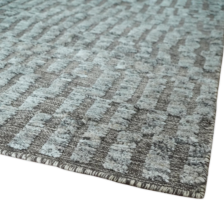Gray and Charcoal Geometrical Bricks Design Hand carved Texture Hand Knotted 10x14 Wool and Silk Area Rug - The Rug Decor