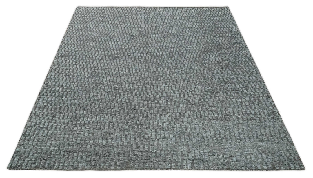 Gray and Charcoal Geometrical Bricks Design Hand carved Texture Hand Knotted 10x14 Wool and Silk Area Rug - The Rug Decor