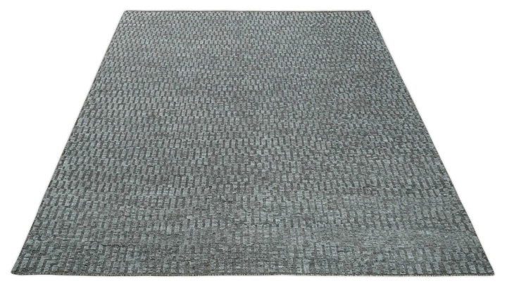 Gray and Charcoal Geometrical Bricks Design Hand carved Texture Hand Knotted 10x14 Wool and Silk Area Rug - The Rug Decor