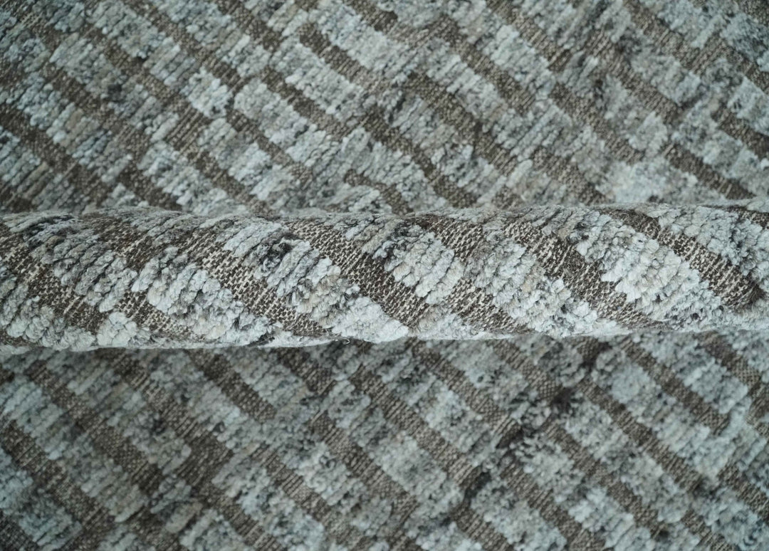 Gray and Charcoal Geometrical Bricks Design Hand carved Texture Hand Knotted 10x14 Wool and Silk Area Rug - The Rug Decor