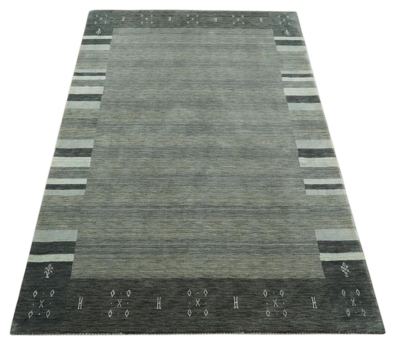 Gray, Charcoal and Ivory with Striped Wool Hand Woven Southwestern Lori Gabbeh Rug| KNT27 - The Rug Decor