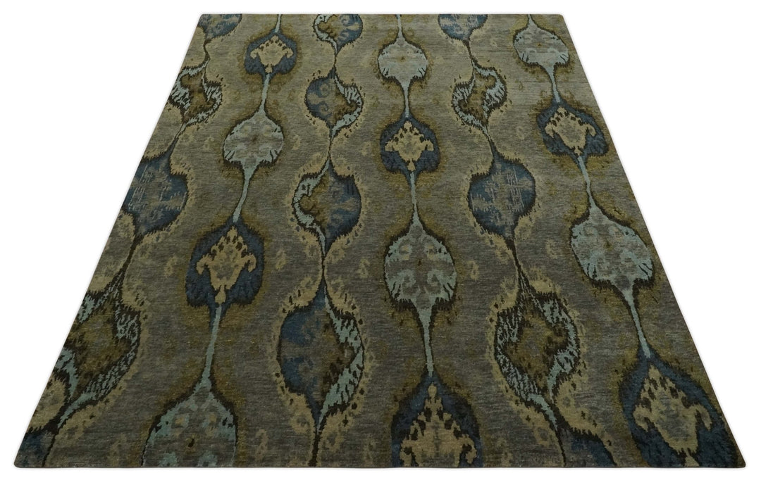 Gray, Teal, Beige and Silver Antique Ikat Design 8x10 wool Area Rug - The Rug Decor