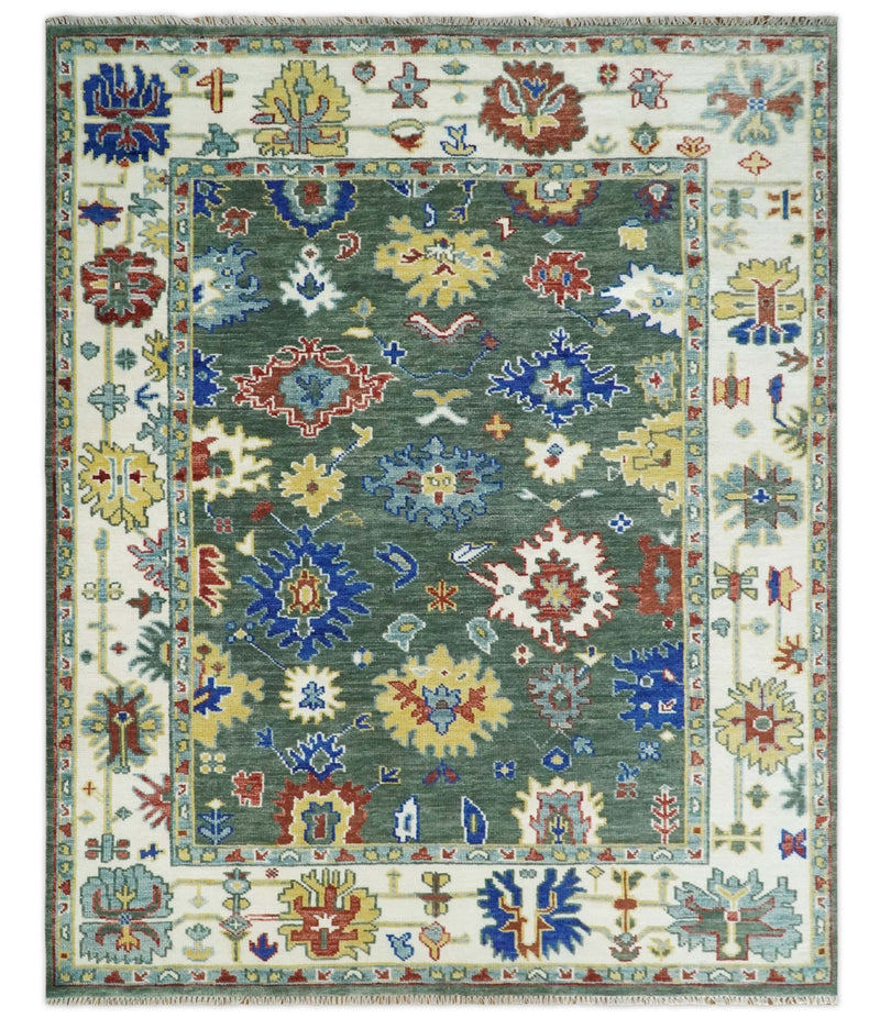 Green and Ivory Vibrant Colorful Hand knotted Traditional Oushak 8x10 wool Area Rug - The Rug Decor