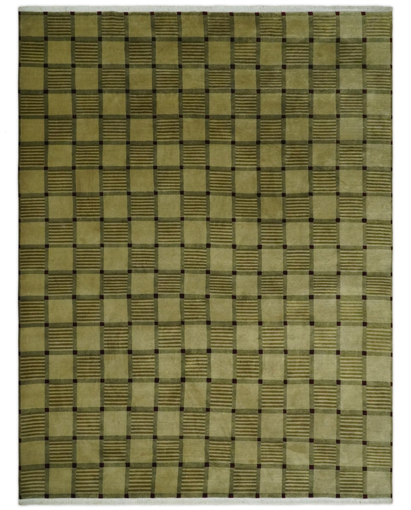 Green and Maroon Geometrical Pattern Hand knotted 9x12 wool Area Rug - The Rug Decor