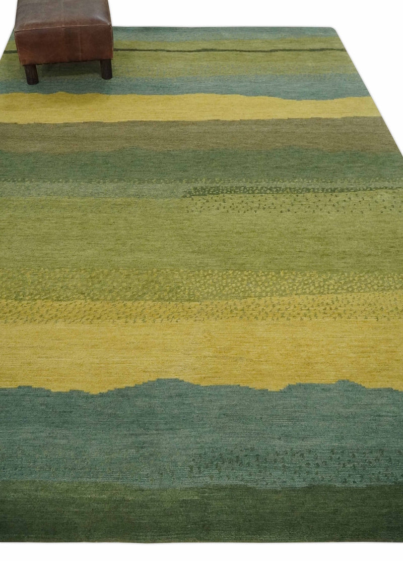Green, Gold and Teal Modern Stripes Design Hand knotted 6x8 wool Area Rug - The Rug Decor