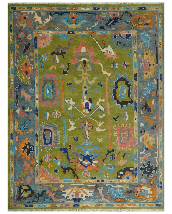 Green, Gray and Peach Vibrant Colorful Hand knotted Traditional Oushak 8x10 and 9x12 wool Area Rug - The Rug Decor