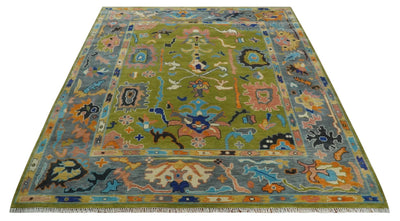 Green, Gray and Peach Vibrant Colorful Hand knotted Traditional Oushak 8x10 wool Area Rug - The Rug Decor