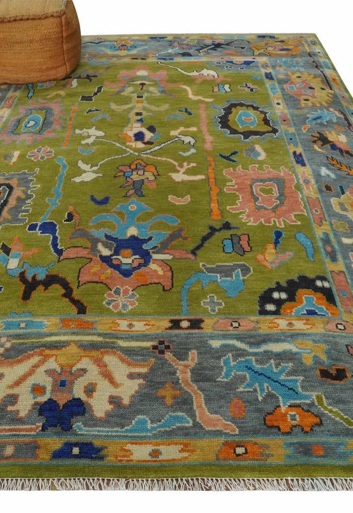 Green, Gray and Peach Vibrant Colorful Hand knotted Traditional Oushak 8x10 wool Area Rug - The Rug Decor
