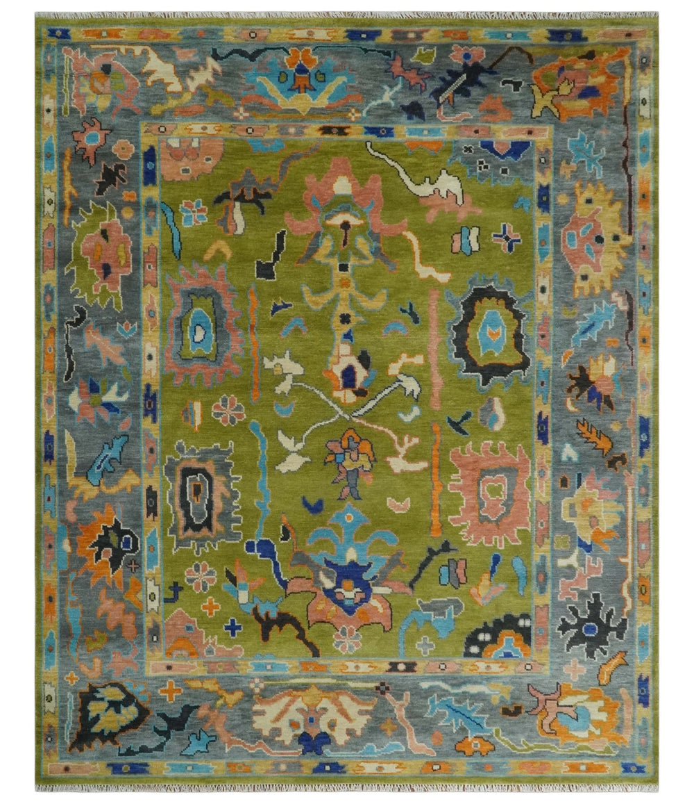 Green, Gray and Peach Vibrant Colorful Hand knotted Traditional Oushak 8x10 wool Area Rug - The Rug Decor