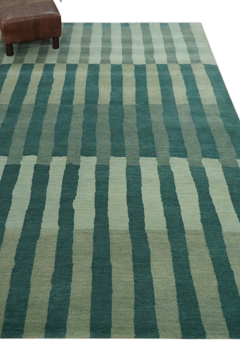 Green, Ivory and Beige Stripes Pattern Hand knotted 5.6x8 wool Area Rug - The Rug Decor