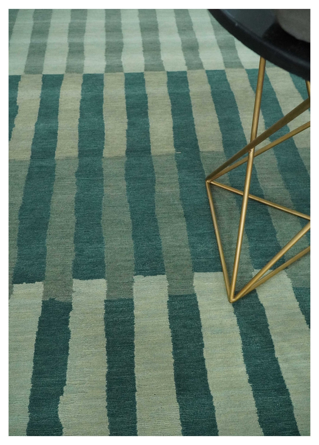 Green, Ivory and Beige Stripes Pattern Hand knotted 5.6x8 wool Area Rug - The Rug Decor