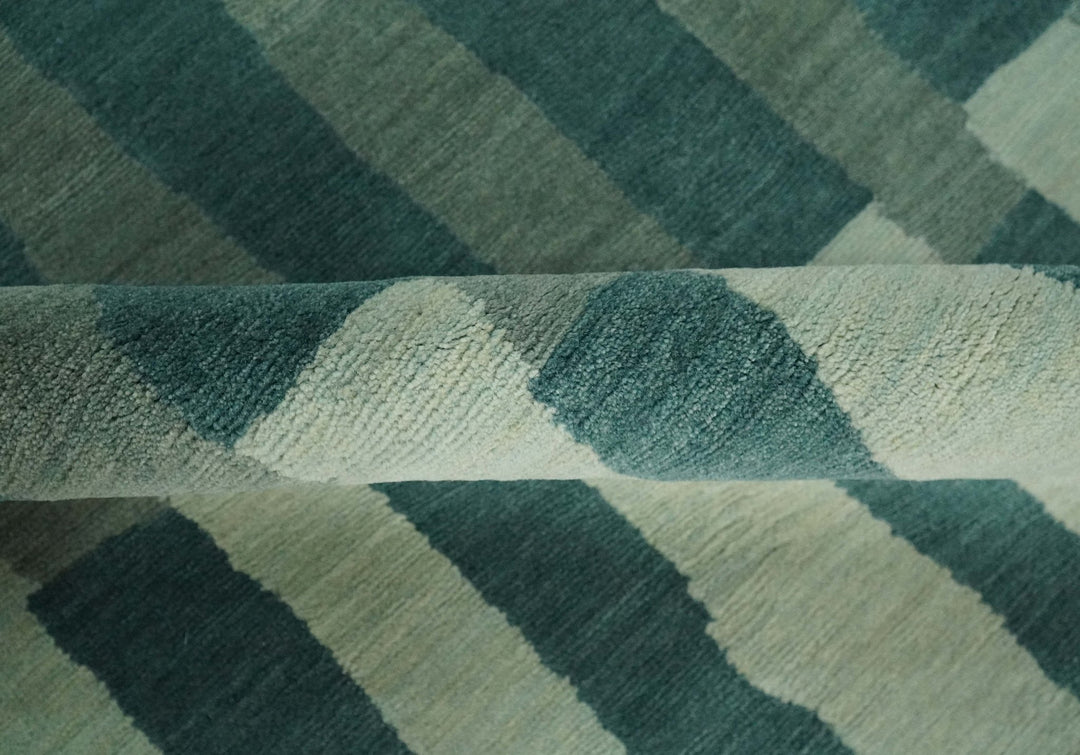 Green, Ivory and Beige Stripes Pattern Hand knotted 5.6x8 wool Area Rug - The Rug Decor