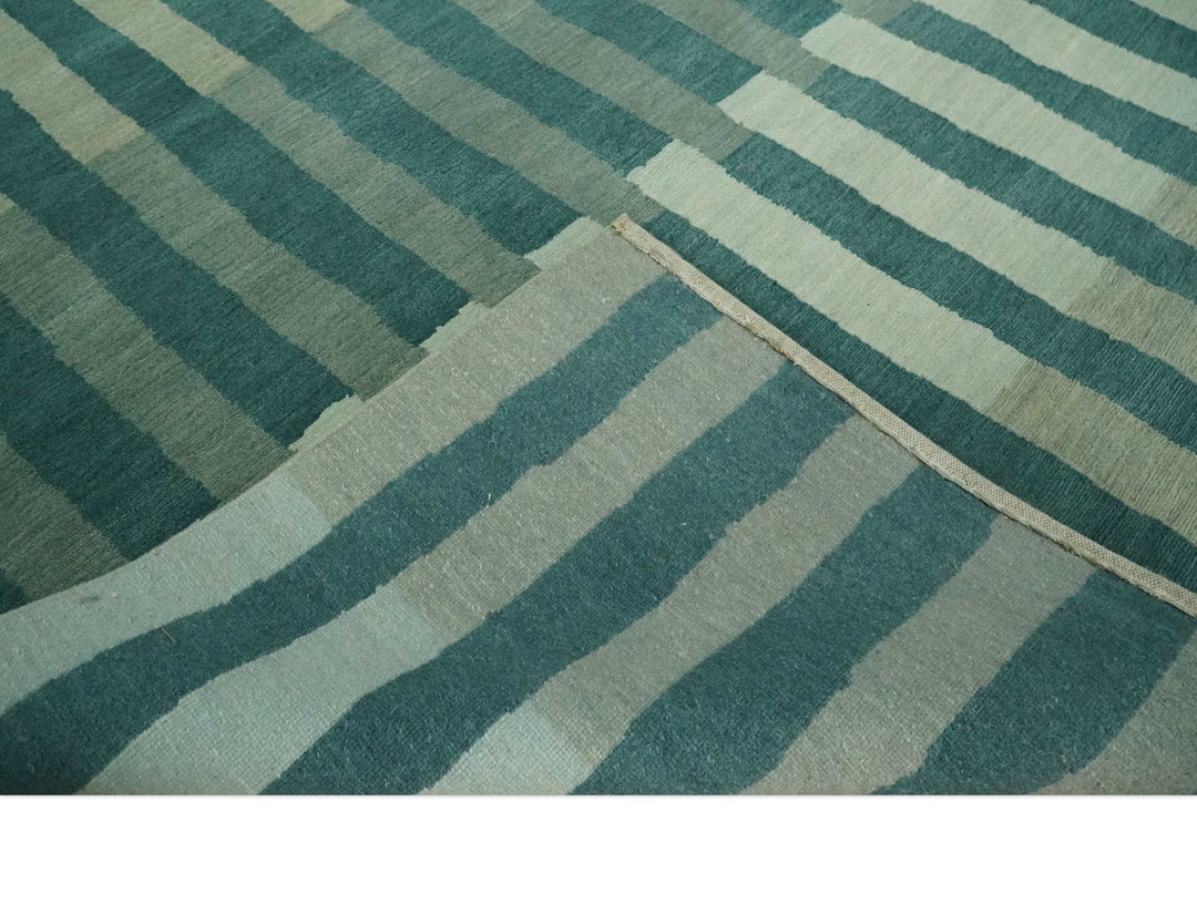 Green, Ivory and Beige Stripes Pattern Hand knotted 5.6x8 wool Area Rug - The Rug Decor
