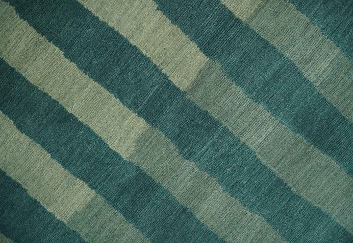 Green, Ivory and Beige Stripes Pattern Hand knotted 5.6x8 wool Area Rug - The Rug Decor