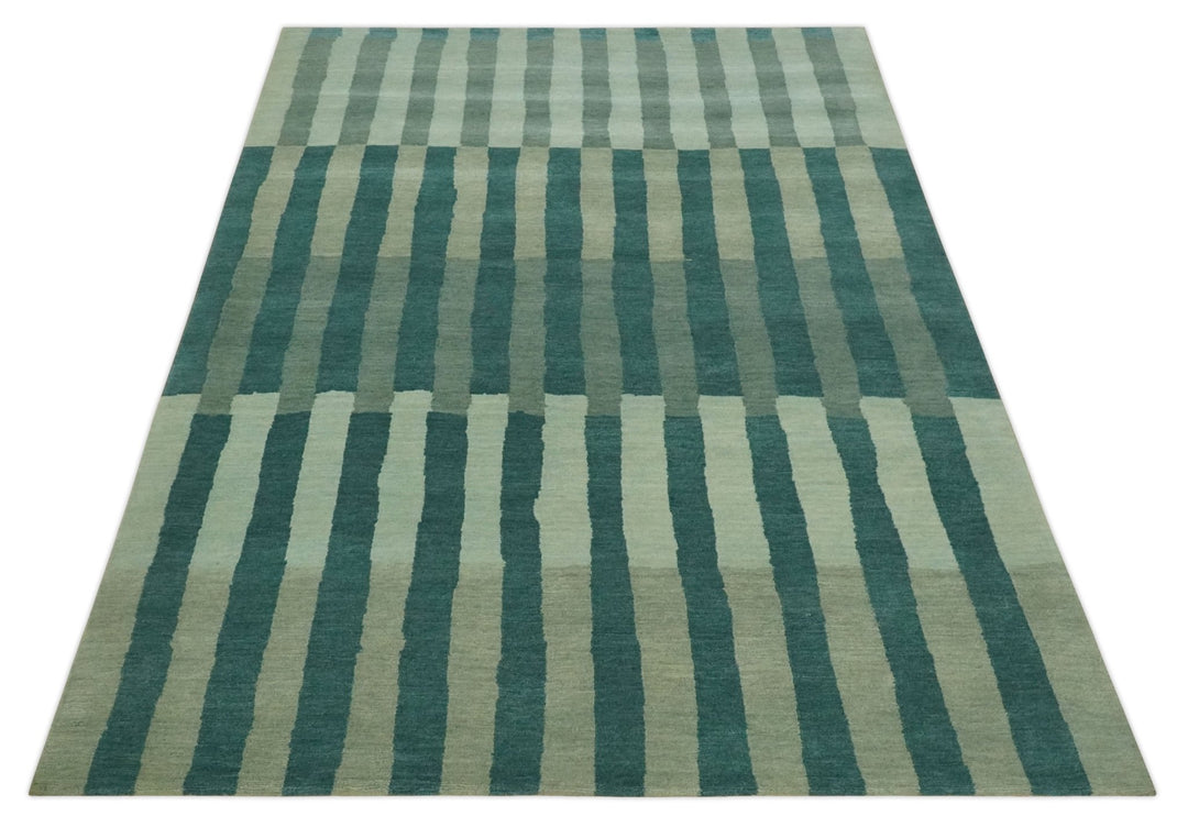 Green, Ivory and Beige Stripes Pattern Hand knotted 5.6x8 wool Area Rug - The Rug Decor
