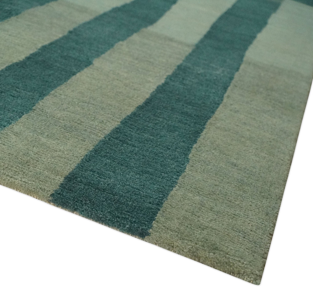 Green, Ivory and Beige Stripes Pattern Hand knotted 5.6x8 wool Area Rug - The Rug Decor