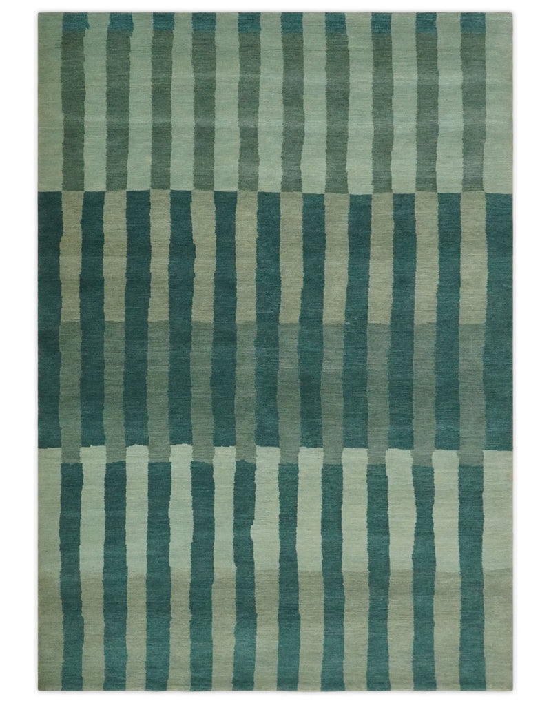 Green, Ivory and Beige Stripes Pattern Hand knotted 5.6x8 wool Area Rug - The Rug Decor