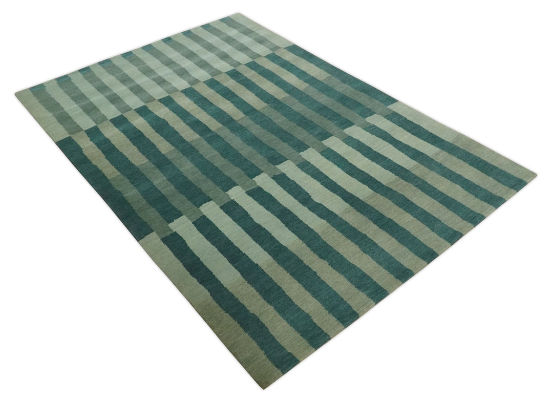 Green, Ivory and Beige Stripes Pattern Hand knotted 5.6x8 wool Area Rug - The Rug Decor