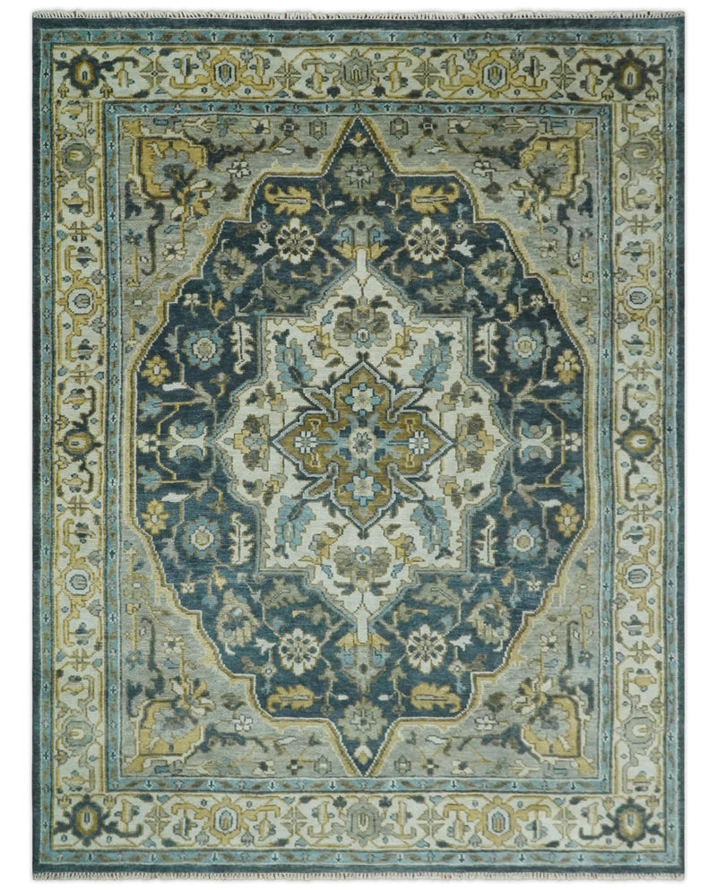 Green, Ivory and Gold Hand Knotted Antique 5x8, 6x9, 8x10, 9x12, 10x14 and 12x15 Brown Traditional Heriz Serapi Wool Rug | TRDCP887912 - The Rug Decor