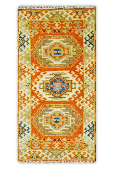 Hallway 2x4 Gold and Red Wool Hand Knotted traditional Persian Vintage Antique Southwestern Kazak | TRDCP28324 - The Rug Decor