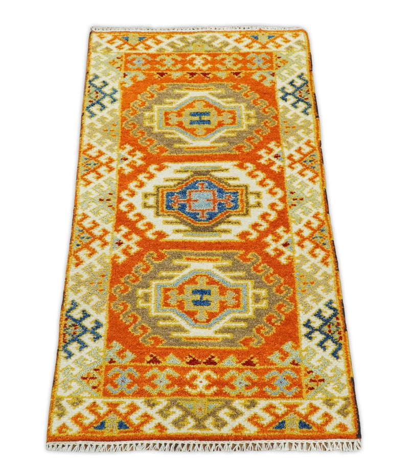 Hallway 2x4 Gold and Red Wool Hand Knotted traditional Persian Vintage Antique Southwestern Kazak | TRDCP28324 - The Rug Decor