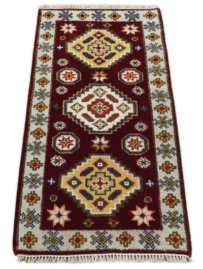 Hallway 2x4 Red and Beige Wool Hand Knotted traditional Persian Vintage Antique Southwestern Kazak | TRDCP29624 - The Rug Decor