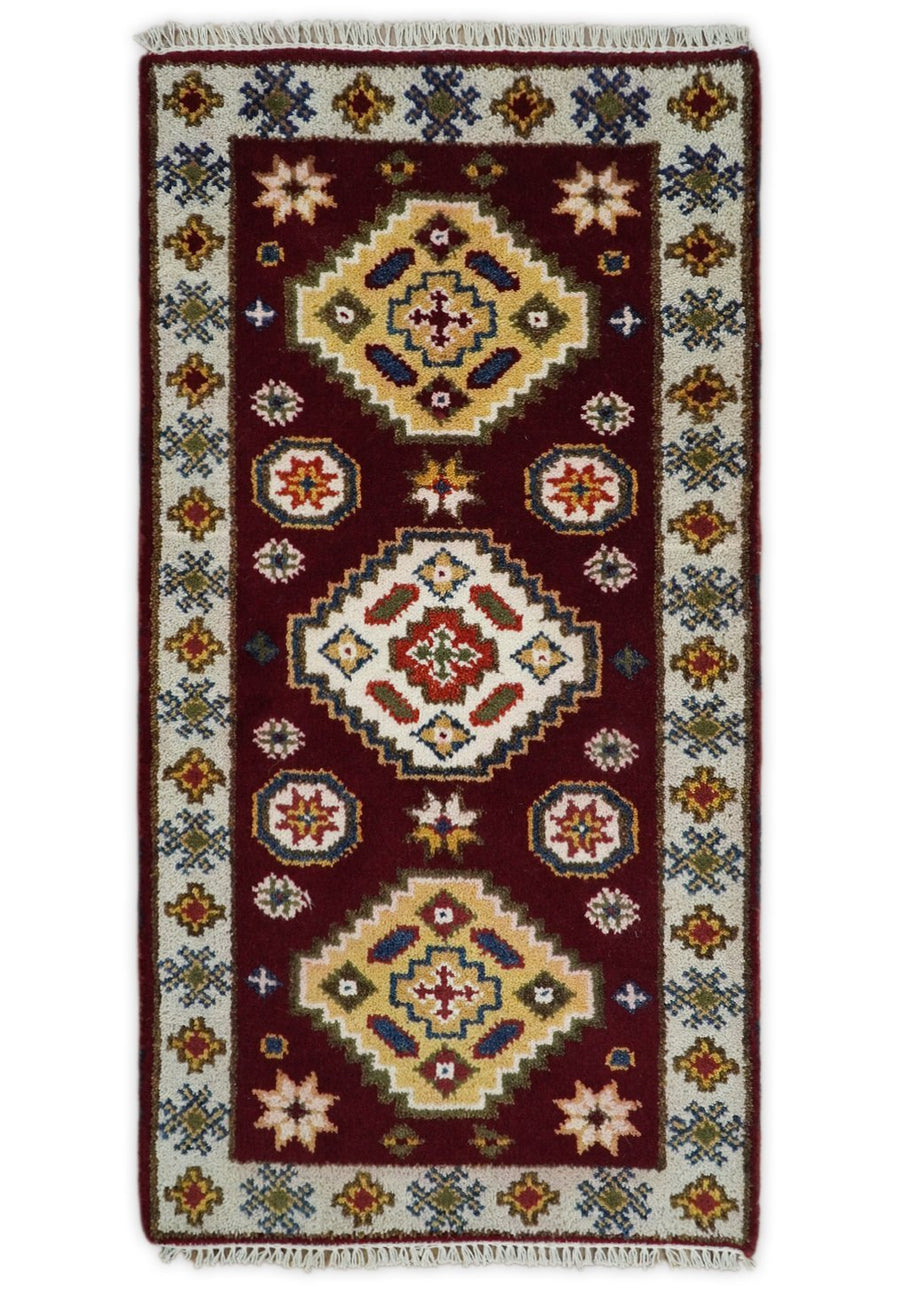 Hallway 2x4 Red and Beige Wool Hand Knotted traditional Persian Vintage Antique Southwestern Kazak | TRDCP29624 - The Rug Decor