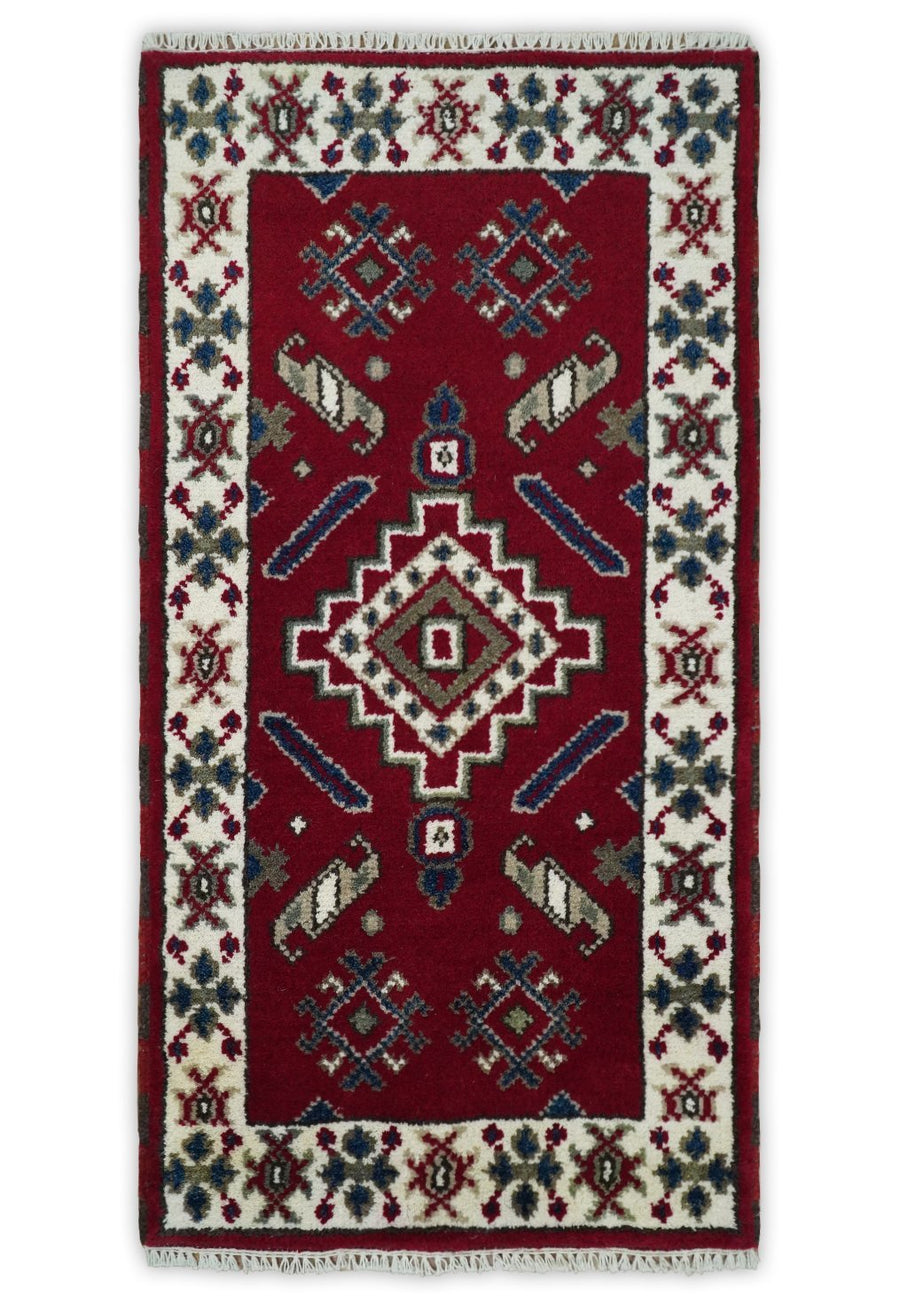 Hallway 2x4 Red and Ivory Wool Hand Knotted traditional Persian Vintage Antique Southwestern Kazak | TRDCP29324 - The Rug Decor