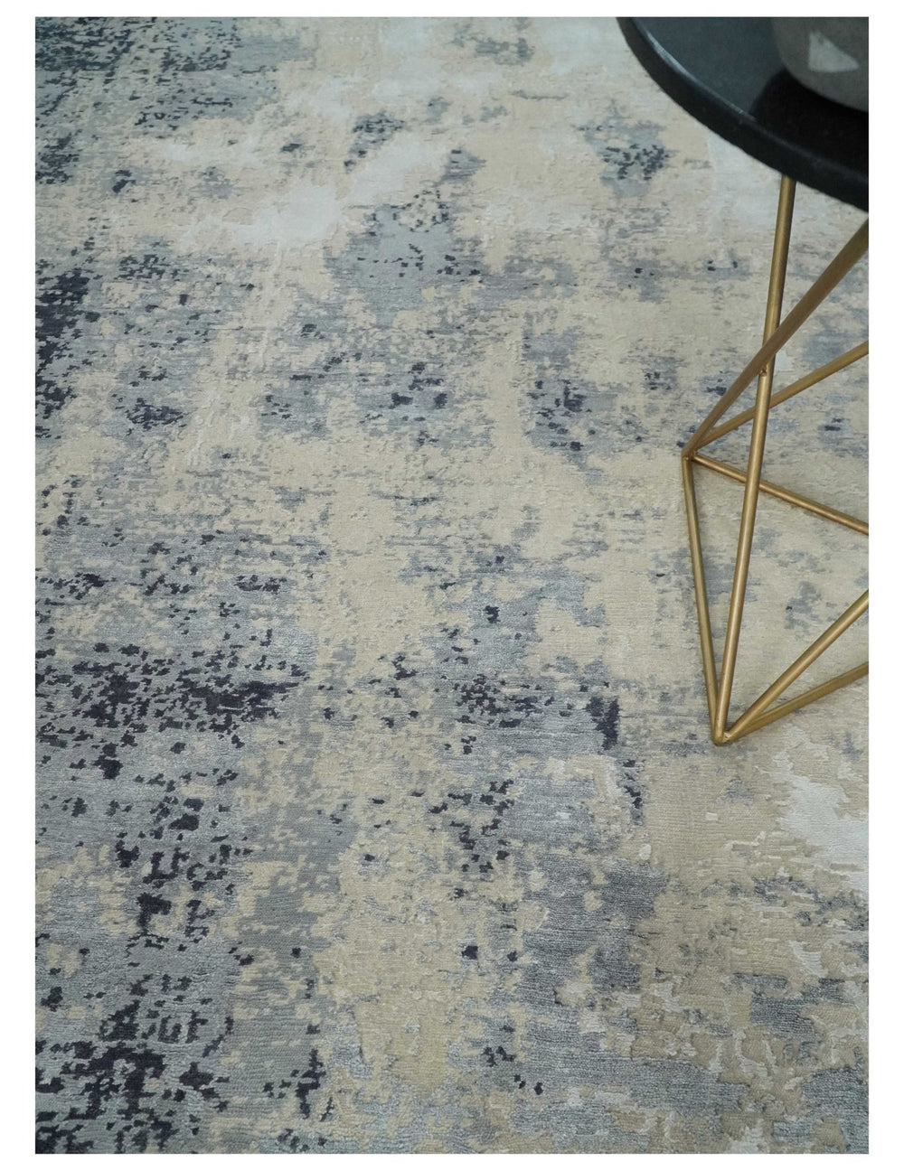 Hand Carved 8x10 Knotted Beige, Silver and Charcoal Modern Abstract Wool And Bamboo Silk Area Rug - The Rug Decor