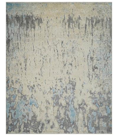 Hand Carved Abstract 8x10 Beige, Charcoal and Blue Hand Knotted Wool and Real Silk Area Rug - The Rug Decor