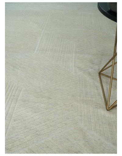 Hand carved Beige Geometrical Stripes Pattern Hand Knotted 9x12 Wool Area Rug - The Rug Decor