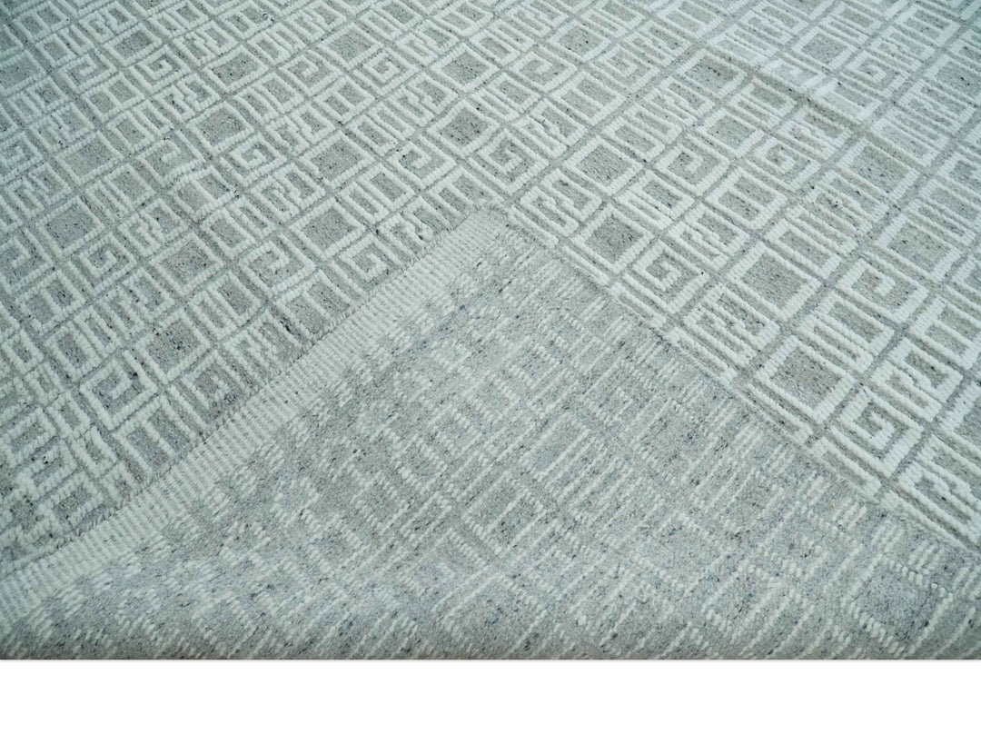 Hand carved Silver and Charcoal Traditional Geometrical Pattern Hand Knotted 8.2x10.6 Wool Area Rug - The Rug Decor