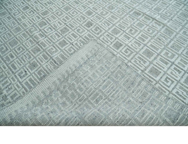 Hand carved Silver and Charcoal Traditional Geometrical Pattern Hand Knotted 8.2x10.6 Wool Area Rug - The Rug Decor