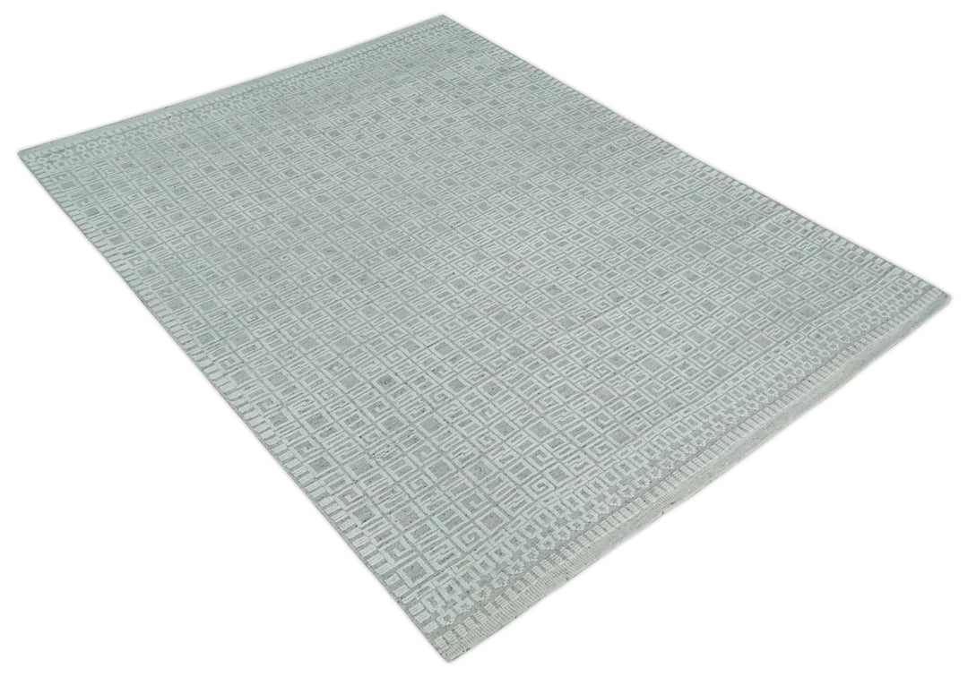 Hand carved Silver and Charcoal Traditional Geometrical Pattern Hand Knotted 8.2x10.6 Wool Area Rug - The Rug Decor